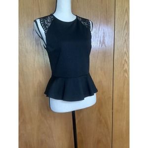 TOP SHOP sz 6 black back button down lace peplum top